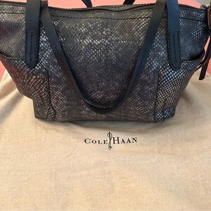 Cole Haan Black Metallic Snake-Print Leather Tote